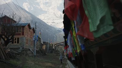 a small village with a mountain in the background