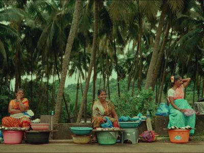 a group of women sitting next to each other in front of palm trees