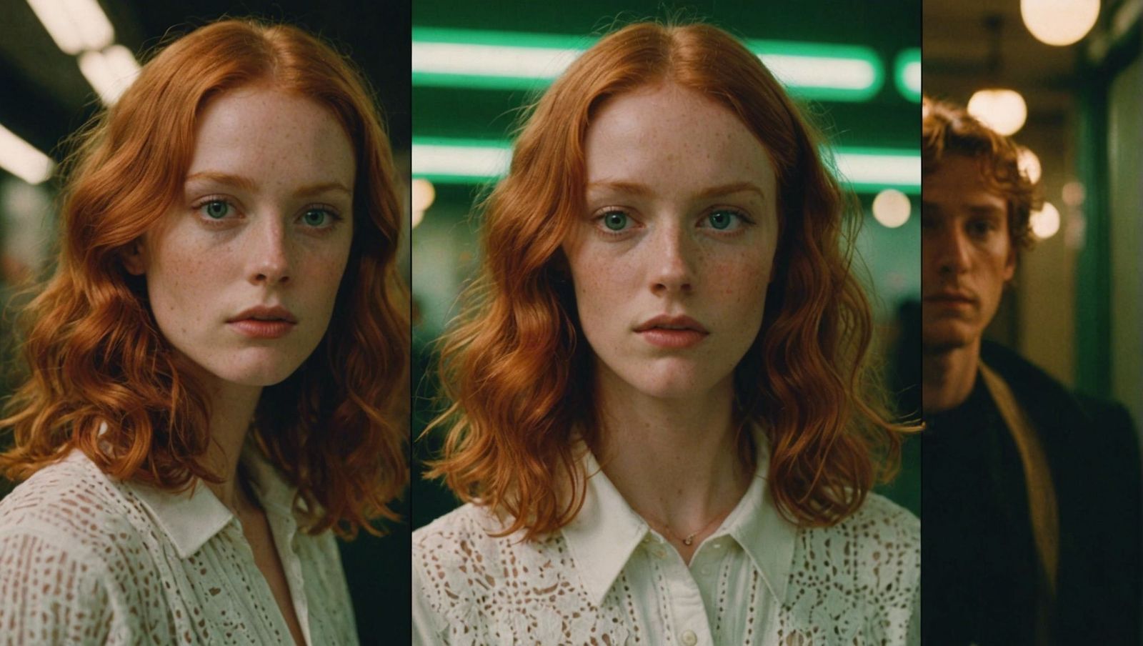 a woman with red hair and a white shirt