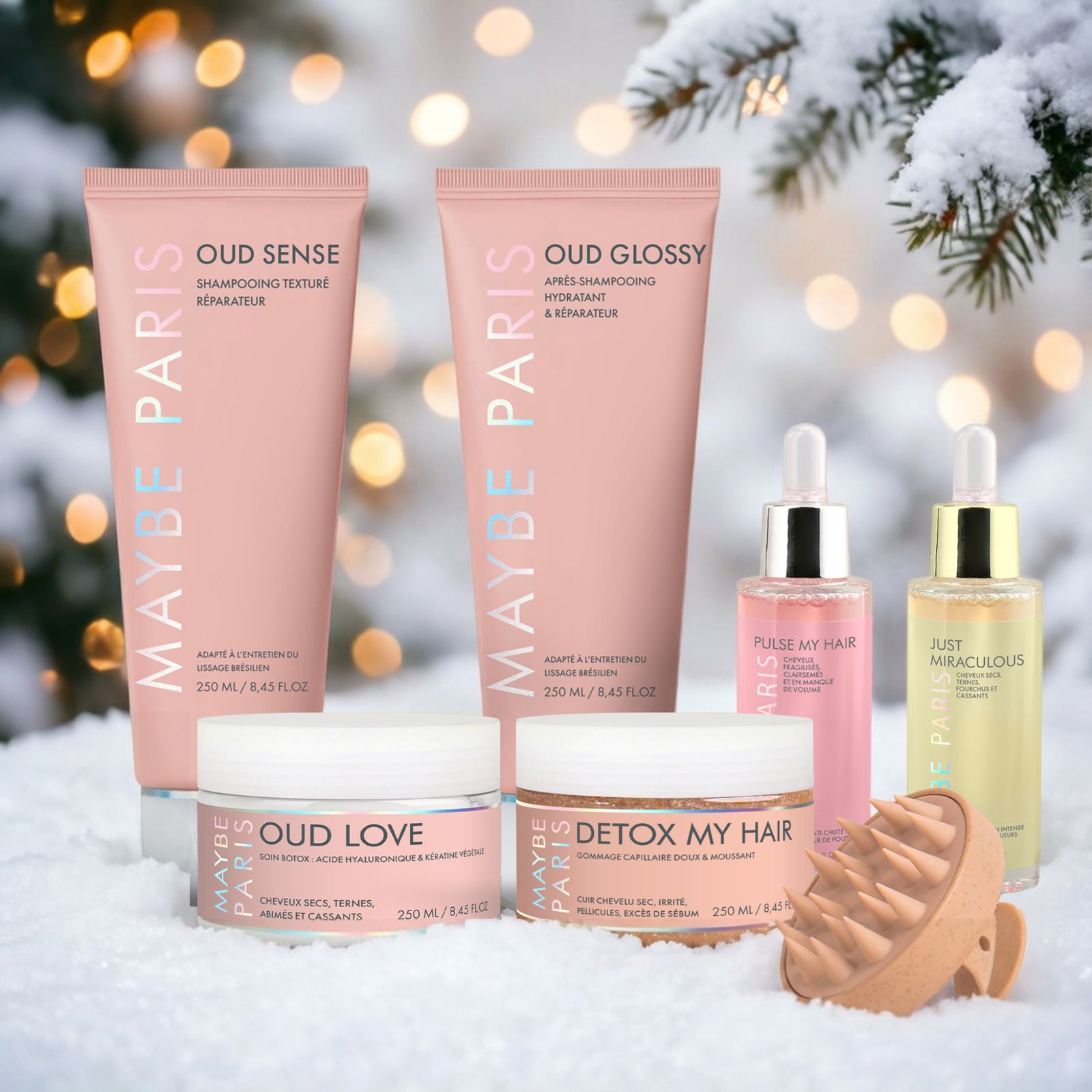 a group of products sitting on top of a snow covered ground