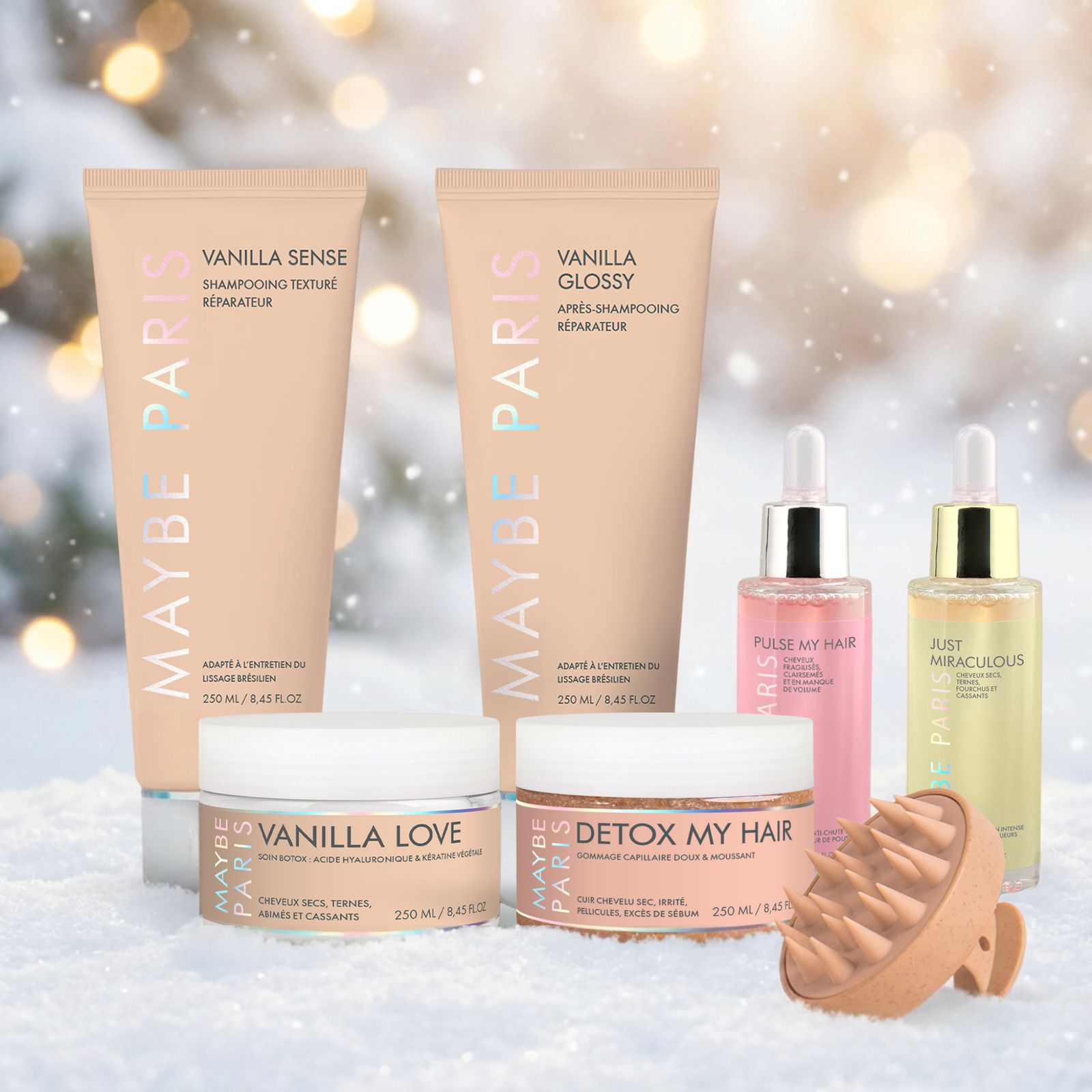 a group of products sitting on top of a snow covered ground