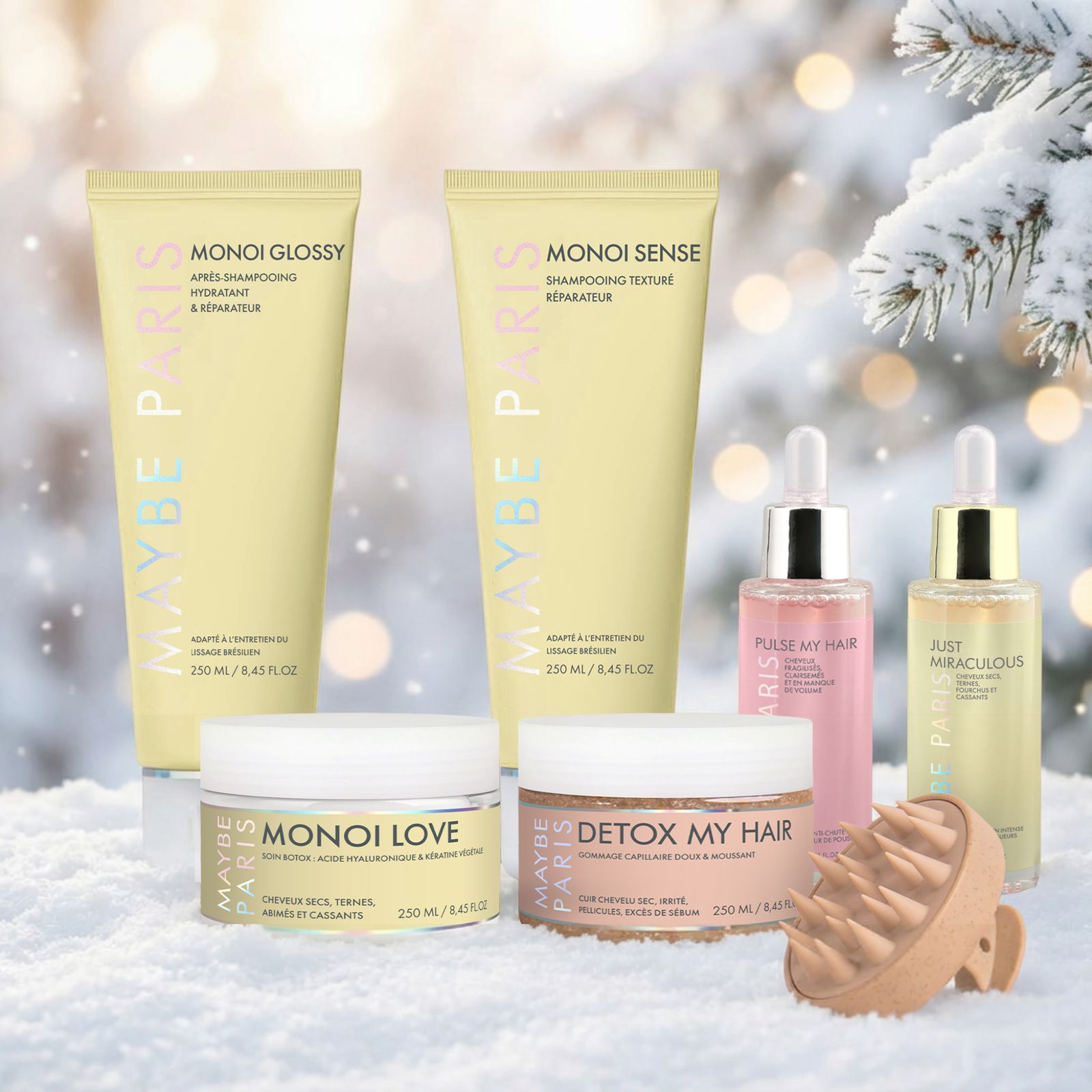 a group of products sitting on top of a snow covered ground