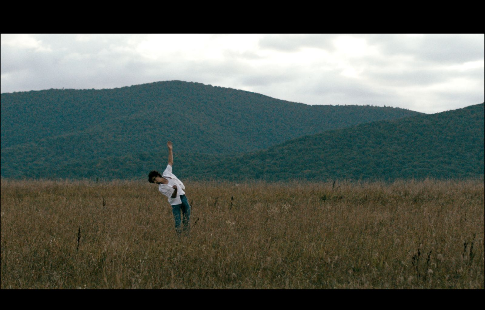 a man standing in a field with his arms in the air