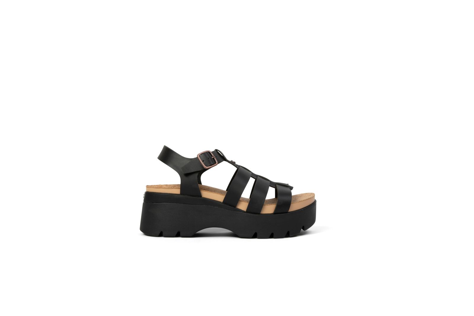 a woman's black platform sandal with straps