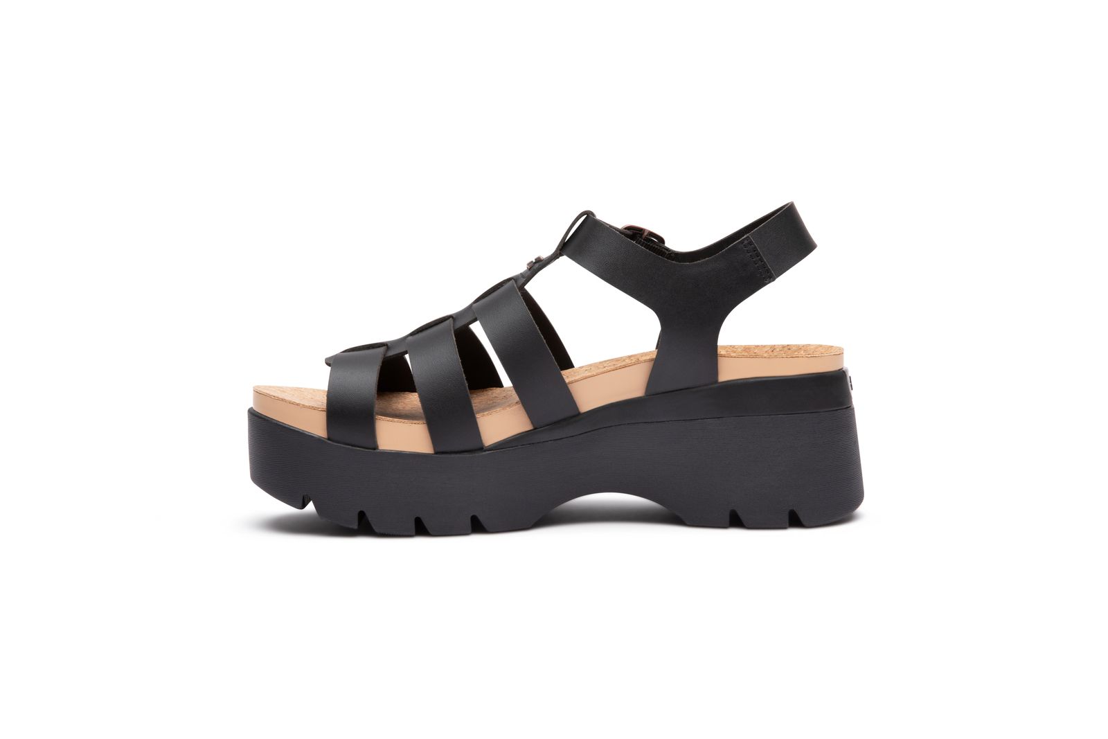 a women's black platform sandal with straps