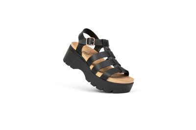a woman's black platform sandal with straps