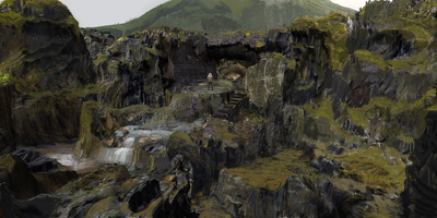 a digital painting of a waterfall in the mountains