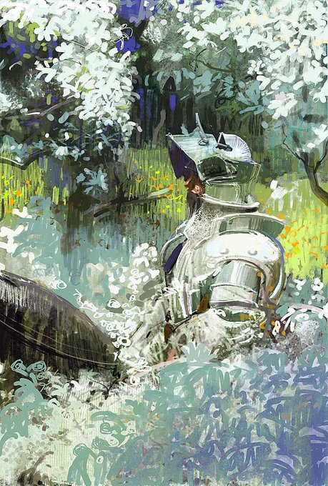 a painting of a knight in a field of flowers