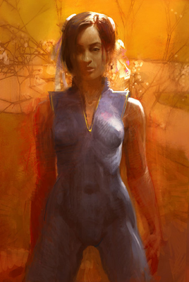 a painting of a woman in a blue dress