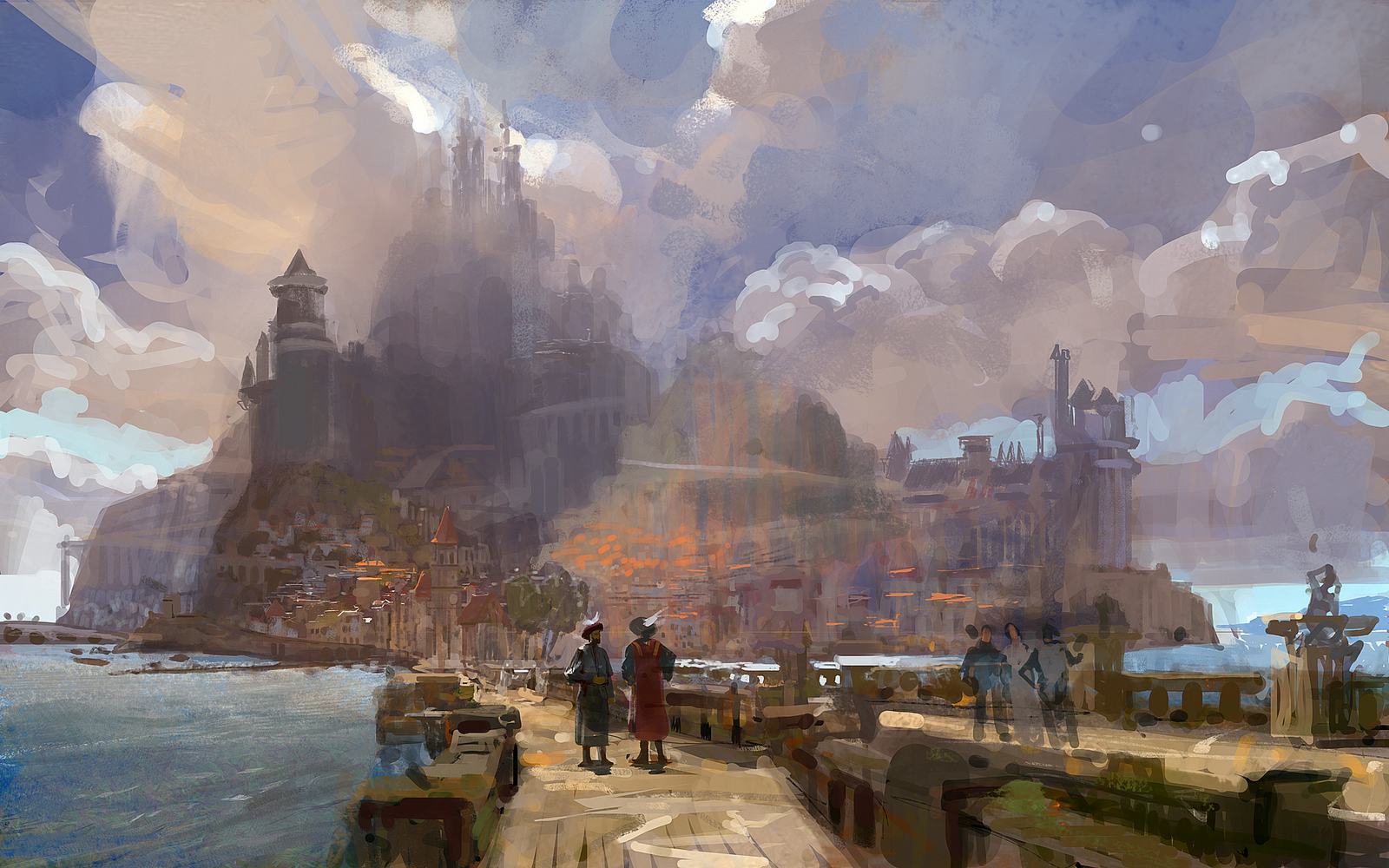 a digital painting of a city with a castle in the background