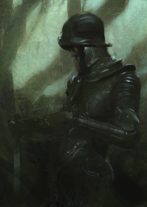 a painting of a man in a helmet holding a gun