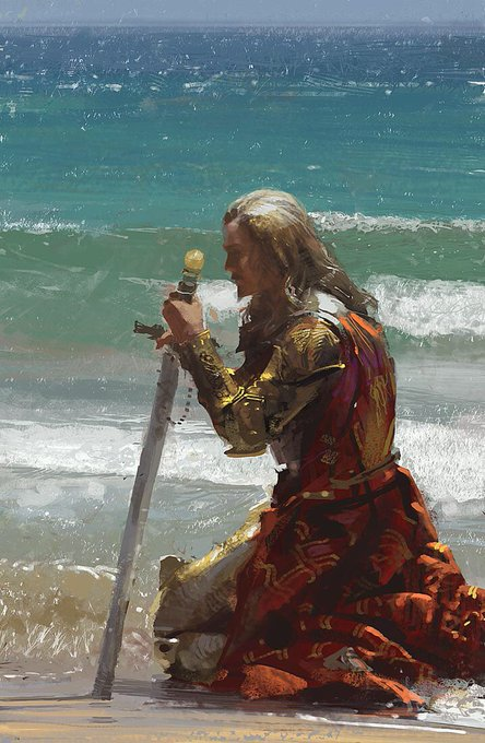 a painting of a woman kneeling on the beach