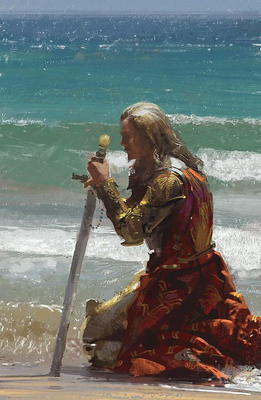 a painting of a woman kneeling on the beach