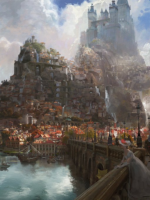 a painting of a city on a hill above a river