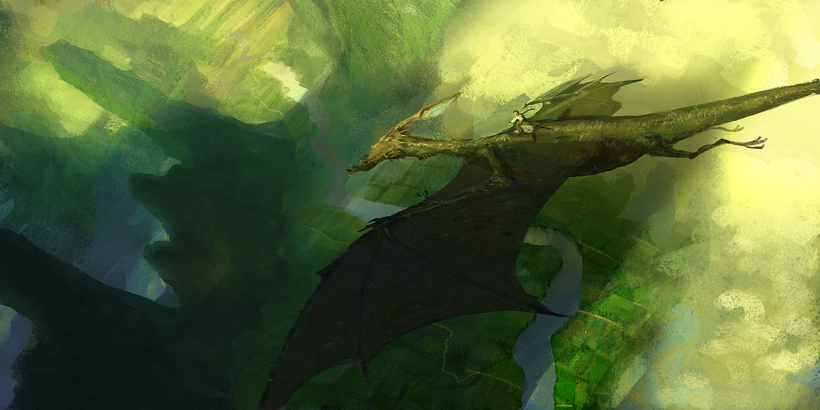 a digital painting of a dragon flying through the air