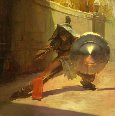 a digital painting of a woman holding a large metal object