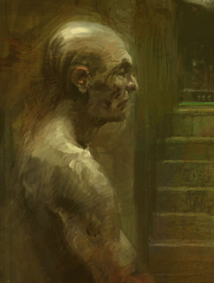 a digital painting of a monkey in a room