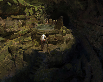 a painting of a person standing in a cave