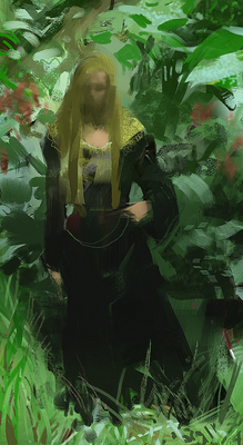 a digital painting of a woman in a forest