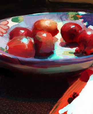 a painting of apples in a bowl on a table