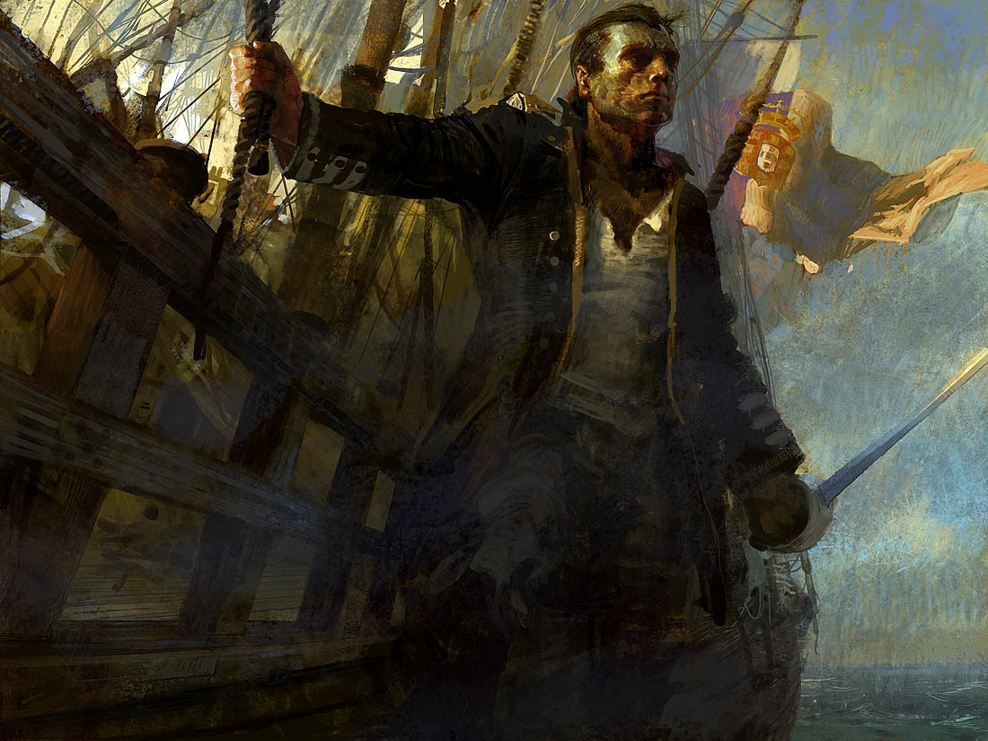 a painting of a man on a ship holding a sword