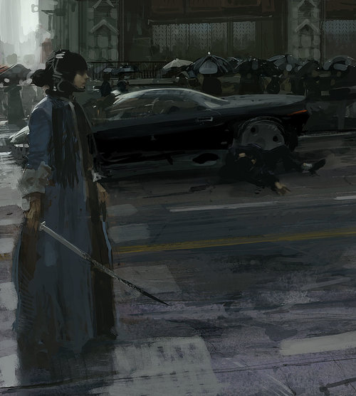 a painting of a woman with a cane standing in front of a car