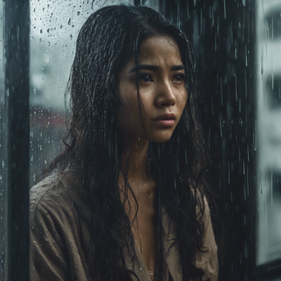 a woman standing in front of a window in the rain