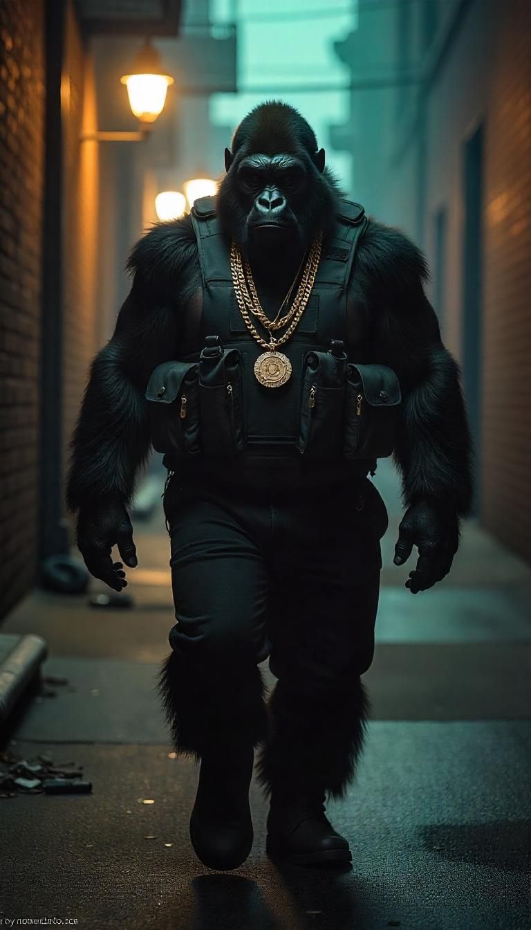 a gorilla is walking down a dark alley way