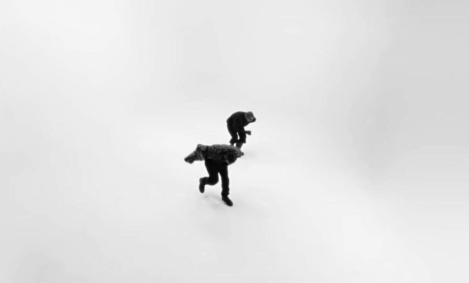 a couple of dogs walking across a snow covered field