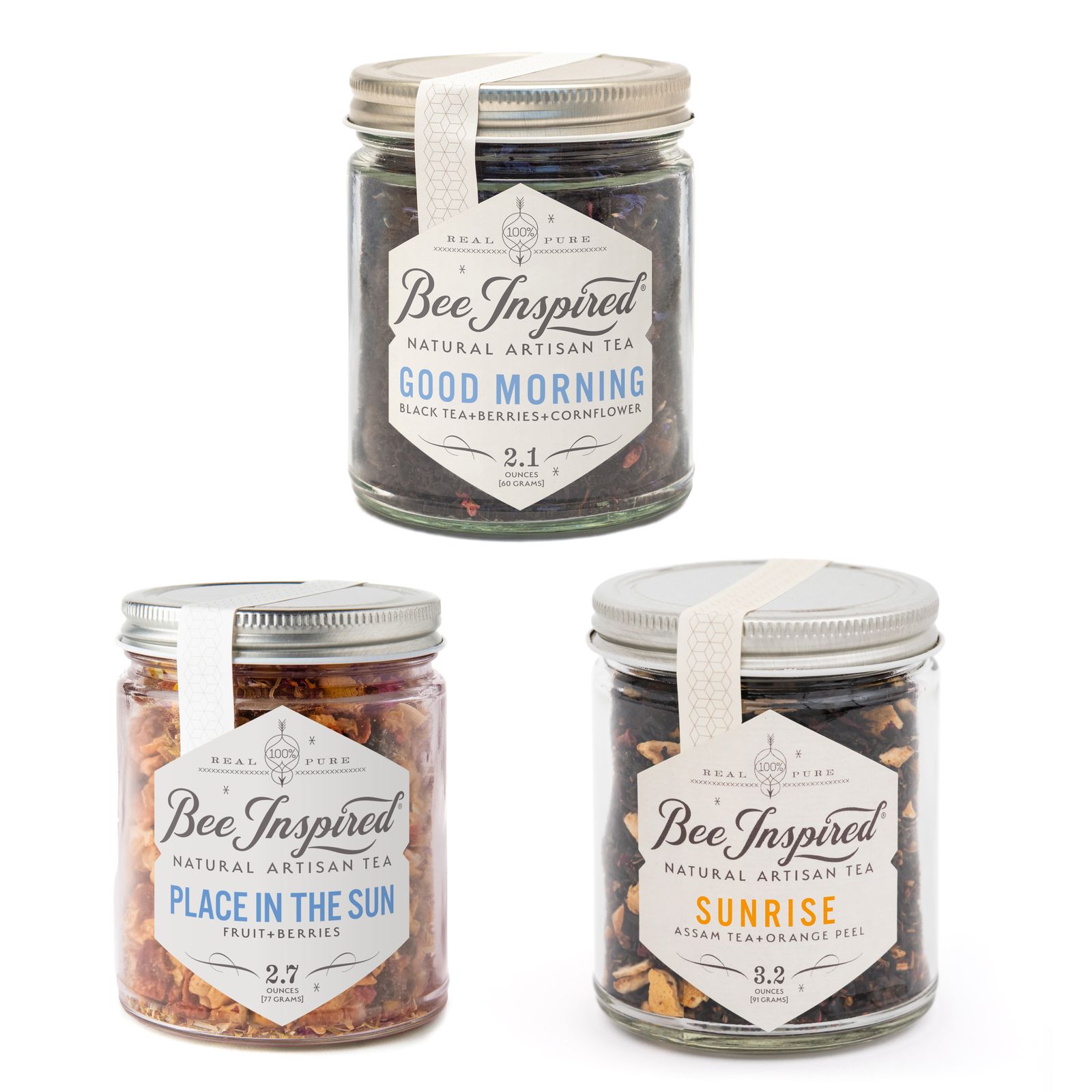 three jars of sunflower, bee inspired, good morning, and sunrise
