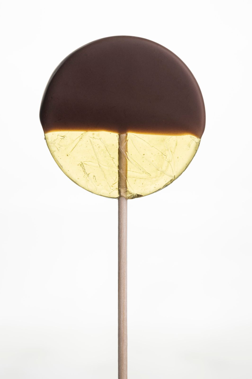 a brown and yellow object sitting on top of a wooden stick