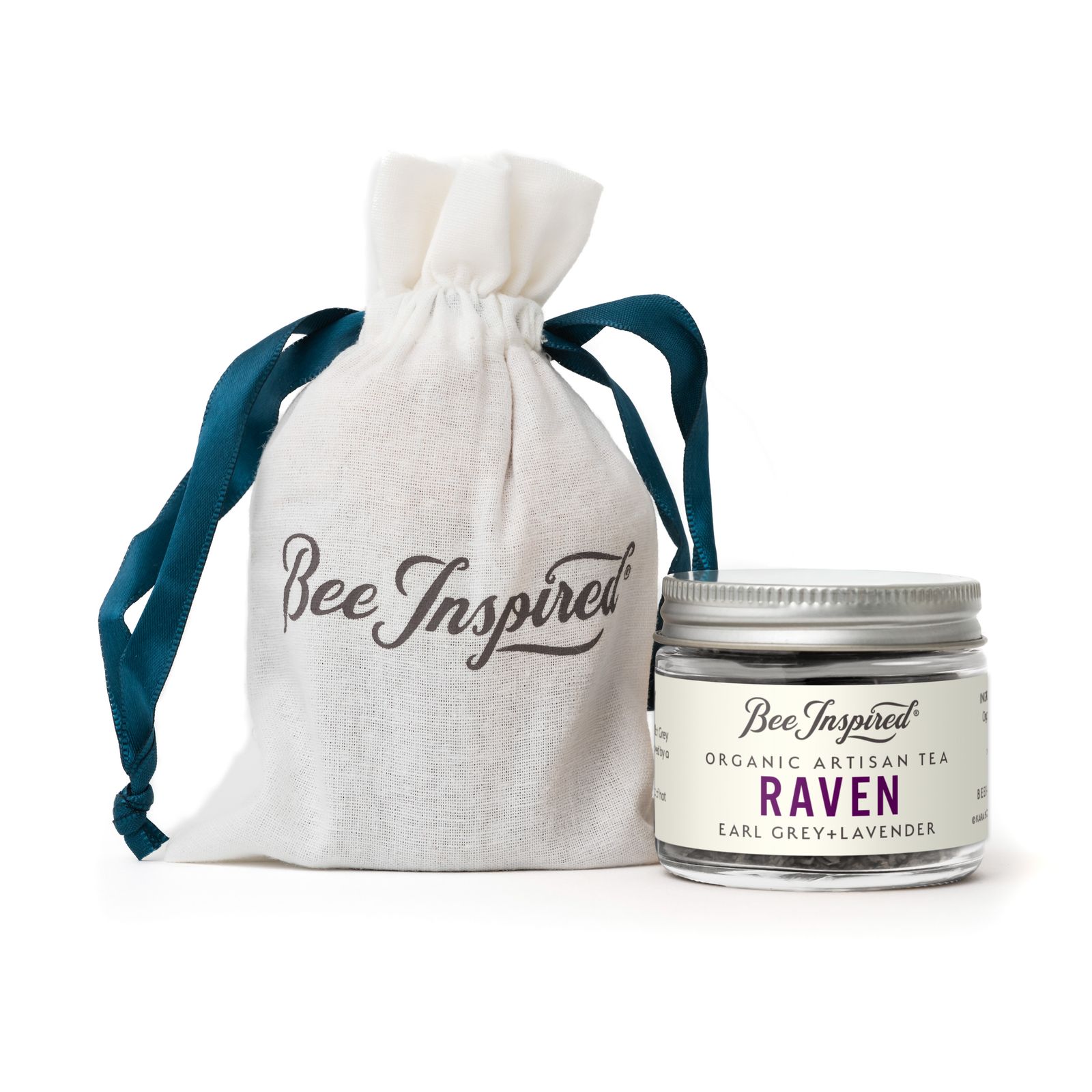 a jar of bee inspired organic artisan tea next to a drawstring bag