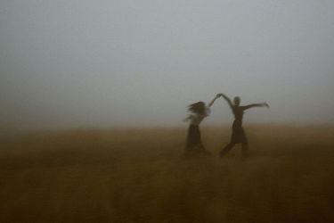 a couple of people standing in a field on a foggy day