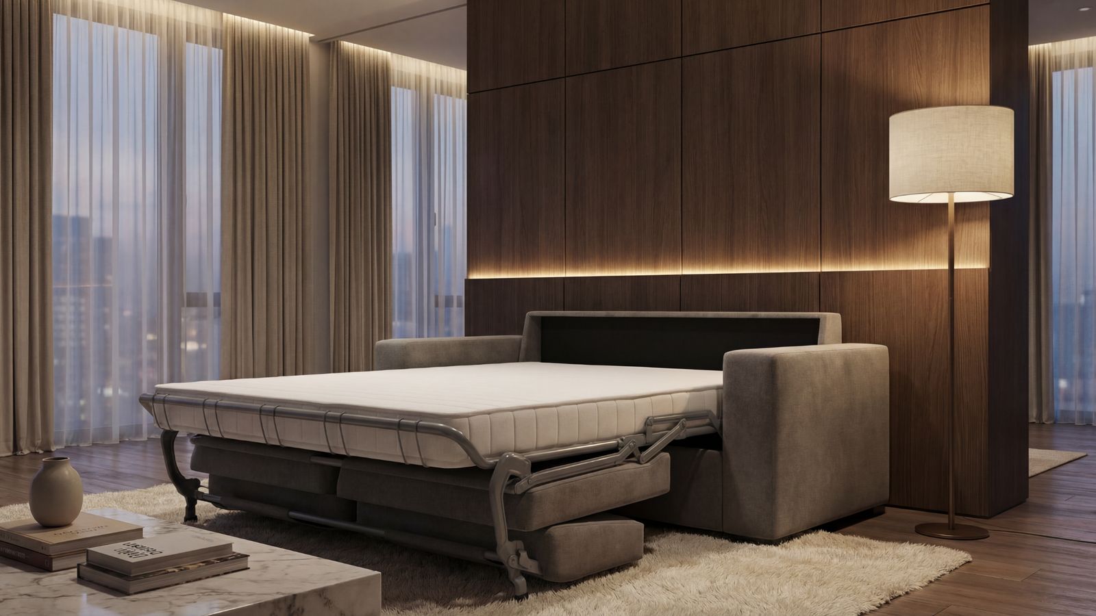 a living room with a couch and a pull out bed