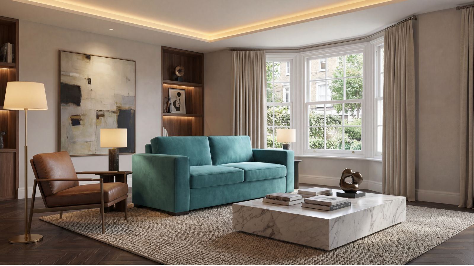 a living room filled with furniture and a large window