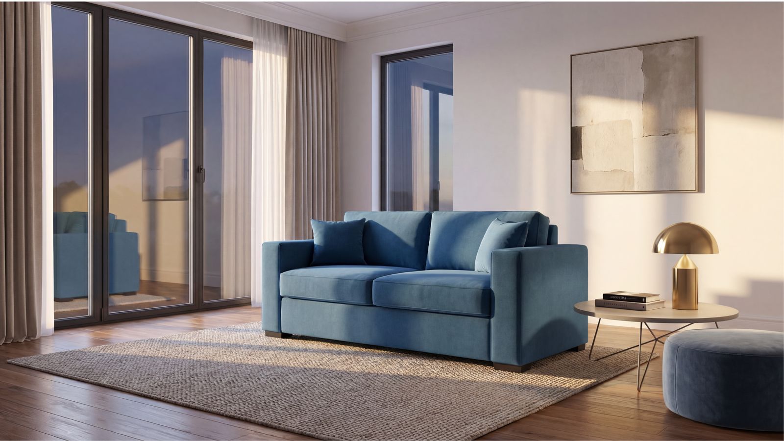 a blue couch sitting in a living room next to a window