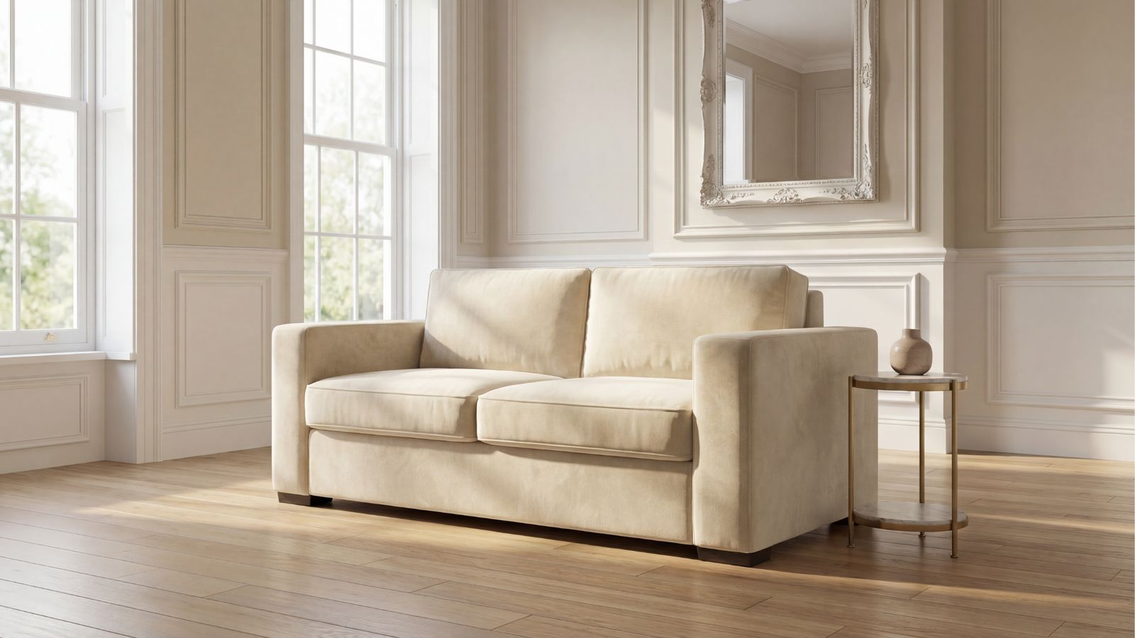 a white couch sitting in a living room next to a window