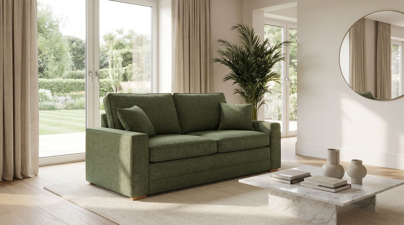 a living room with a couch and a mirror