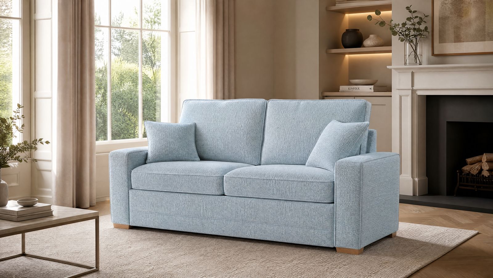 a living room with a blue couch and a fireplace