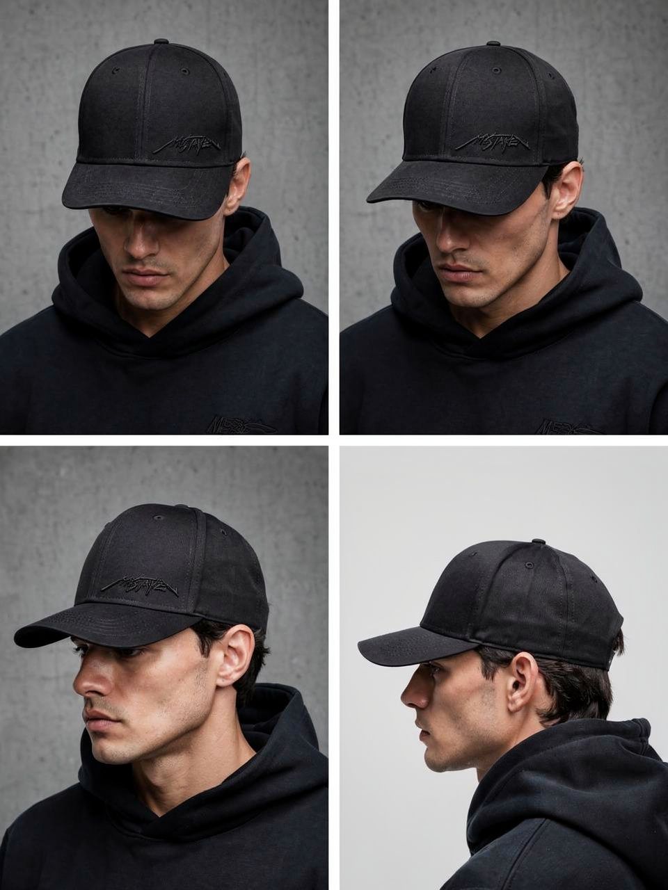 a man wearing a black hat and a black hoodie
