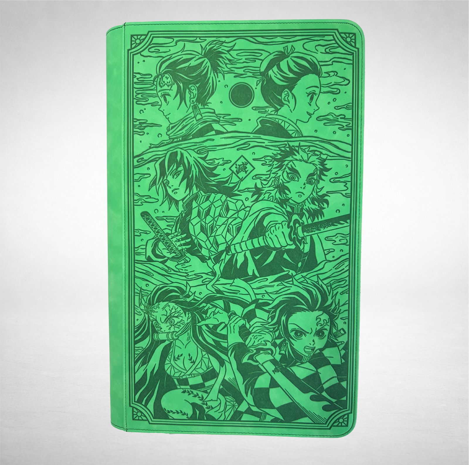 a green book with a picture of a group of people on it