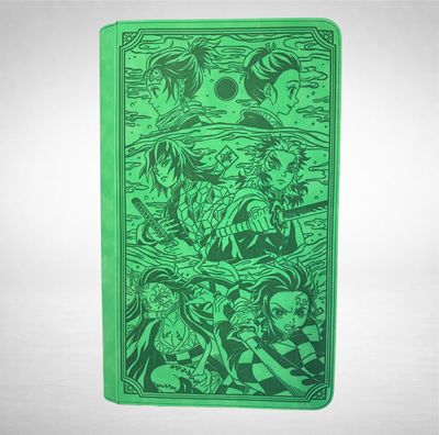 a green book with a picture of a group of people on it