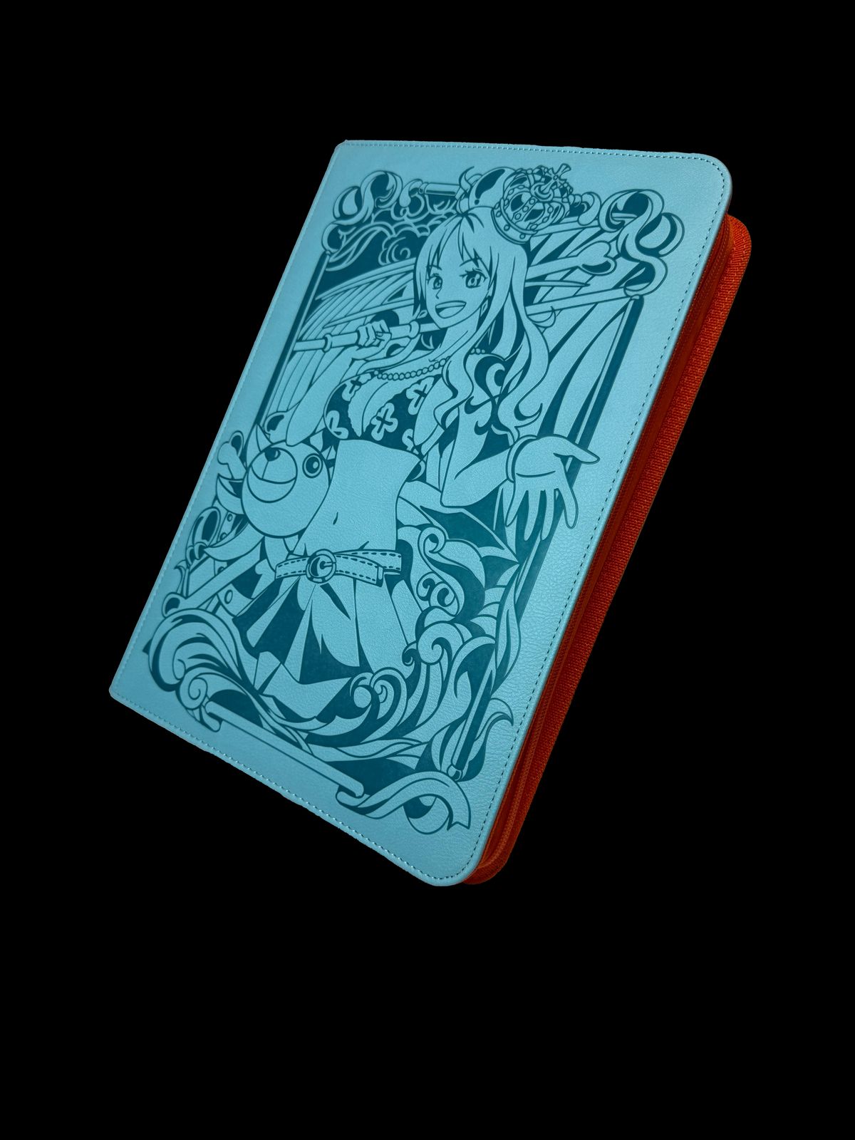 a blue book with a drawing of a girl on it