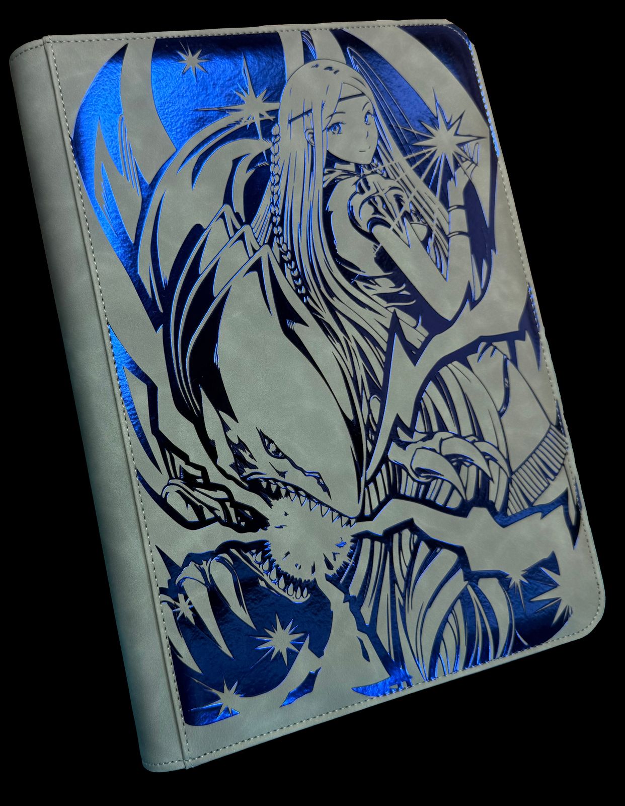 a blue and white picture of a woman on a cell phone