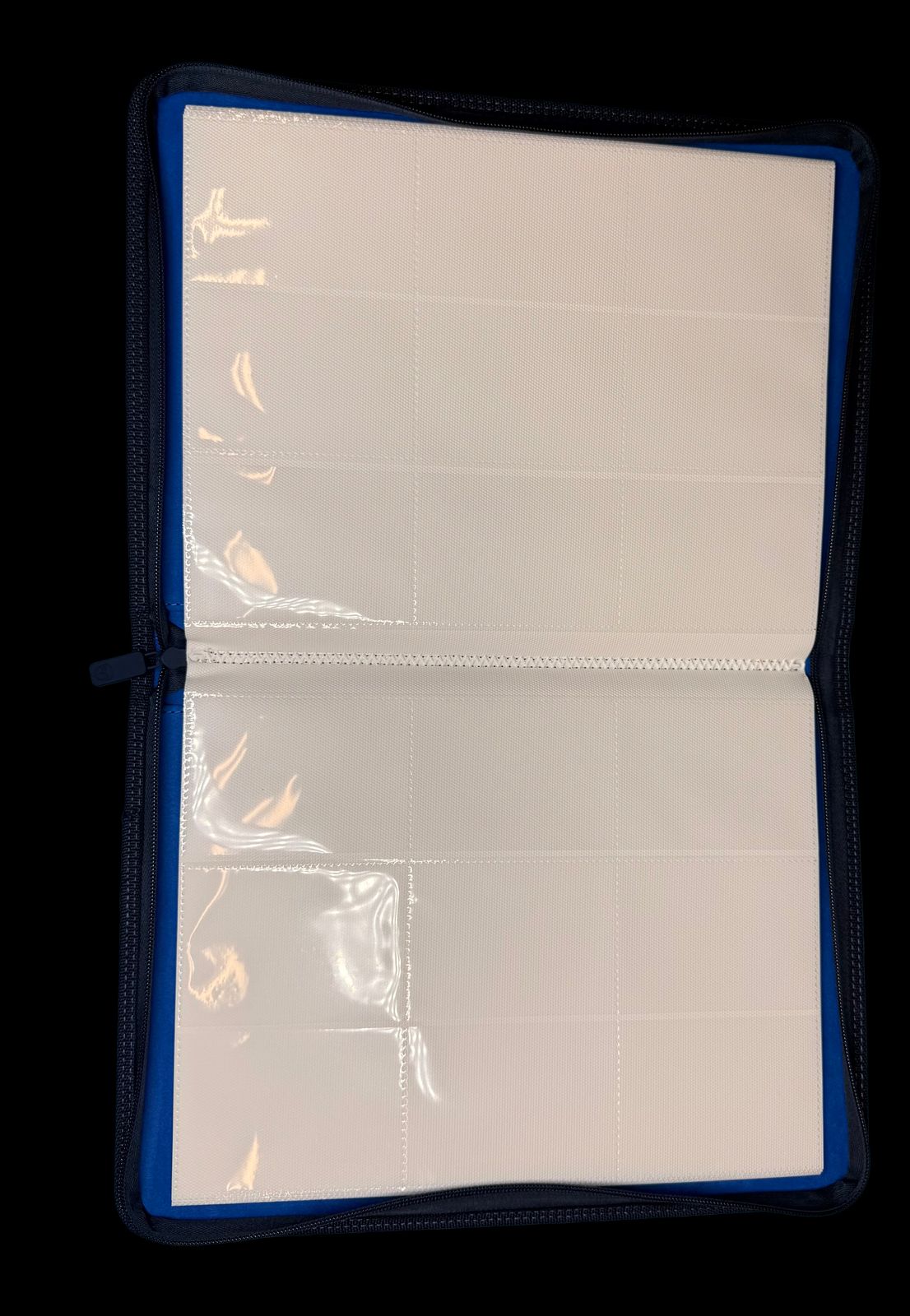 a blue and white folder with a white background