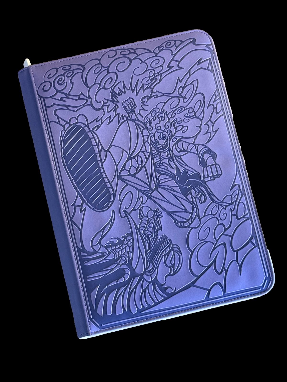a blue book with a drawing of a man on it