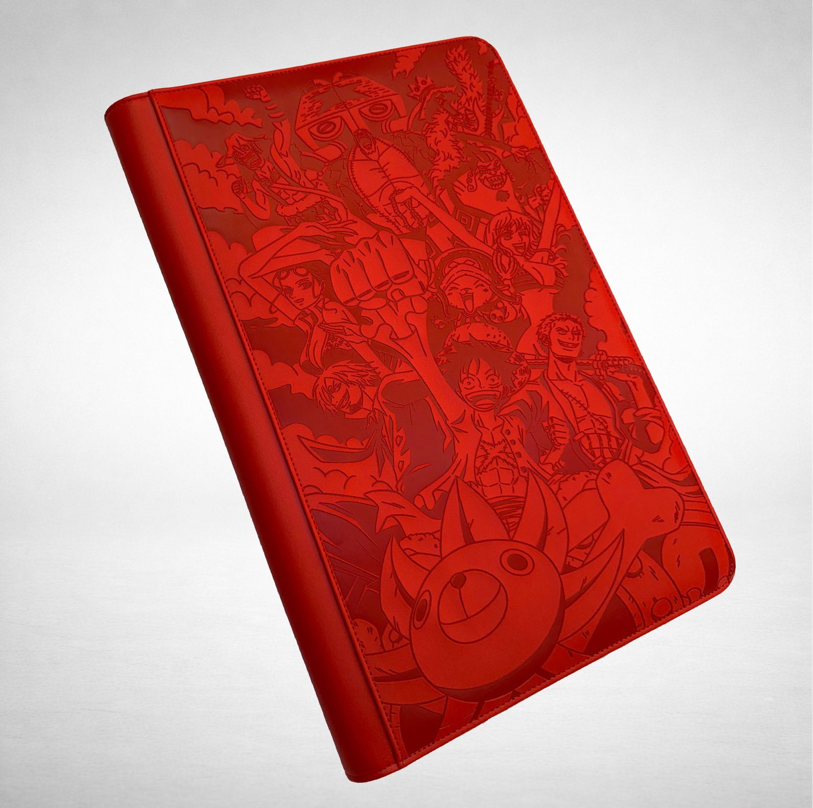 a red notebook with a bunch of cartoon characters on it