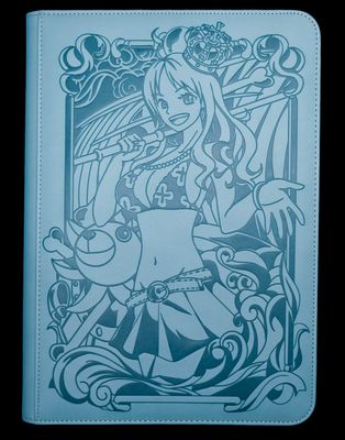 a blue book with a drawing of a girl on it