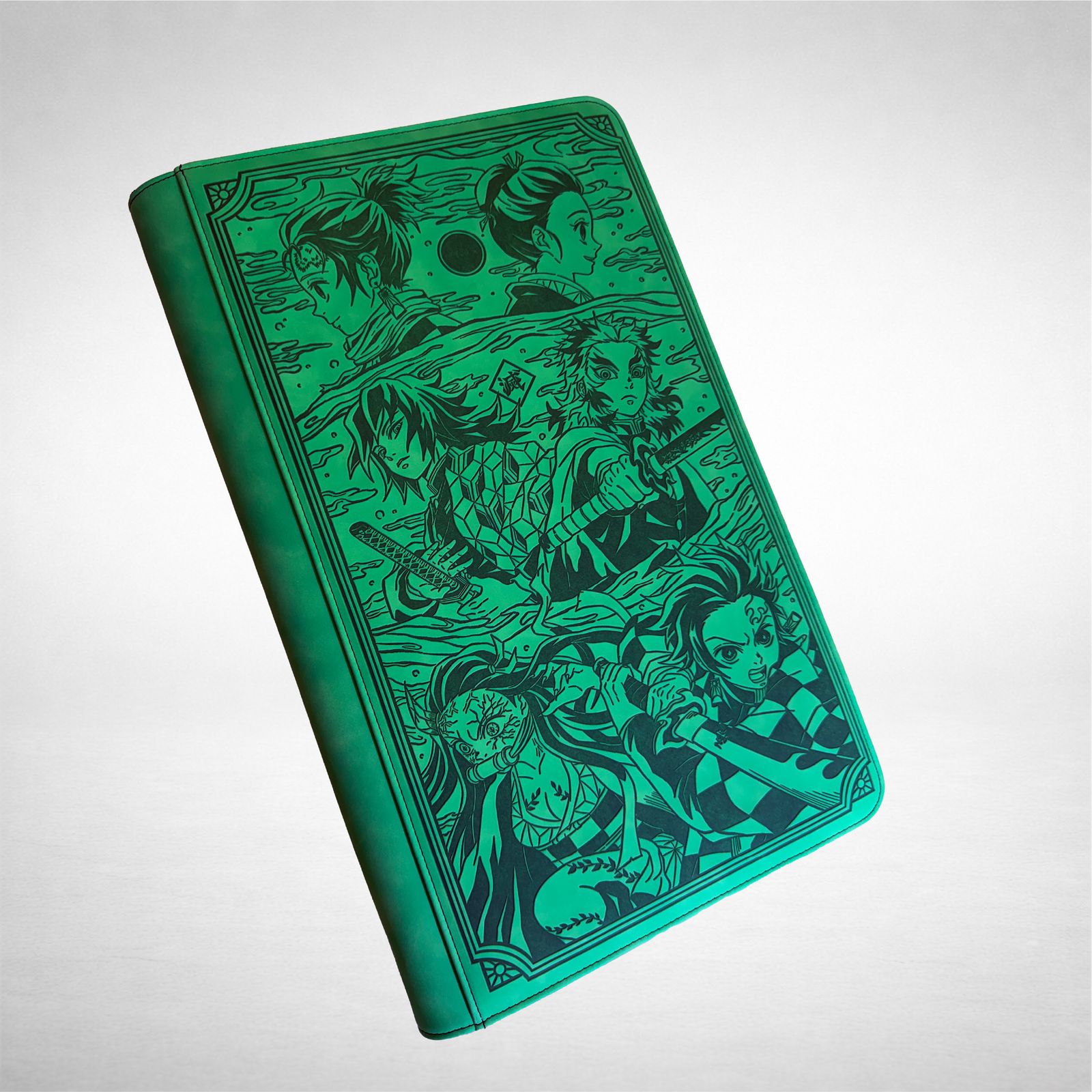 a green book with an image of a group of people on it