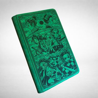 a green book with an image of a group of people on it